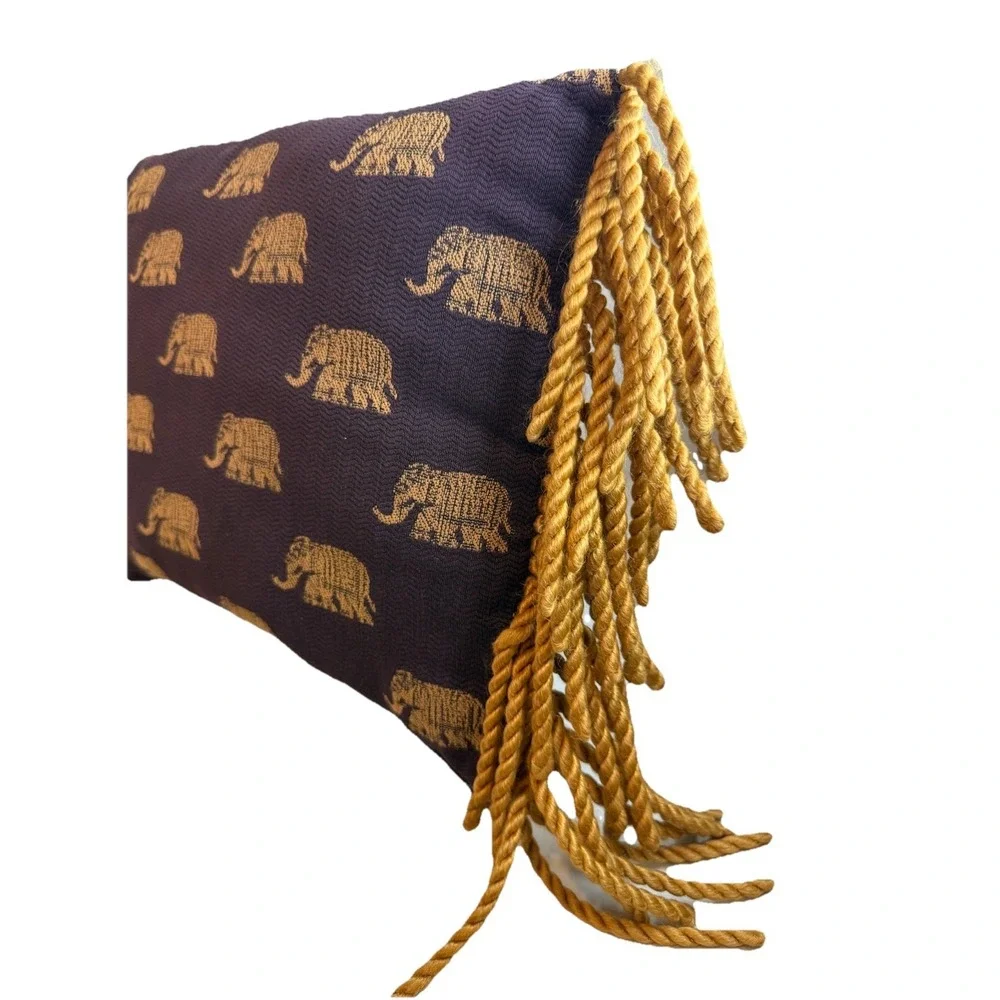 Boho Woven Brocade Elephant Throw Pillow Gold Fringe Purple Decorative Cushion